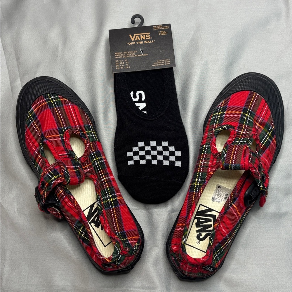 Vans Red and Black Plaid Sneakers includes 3 pack No Show Vans Socks 🧦 - Picture 1 of 11
